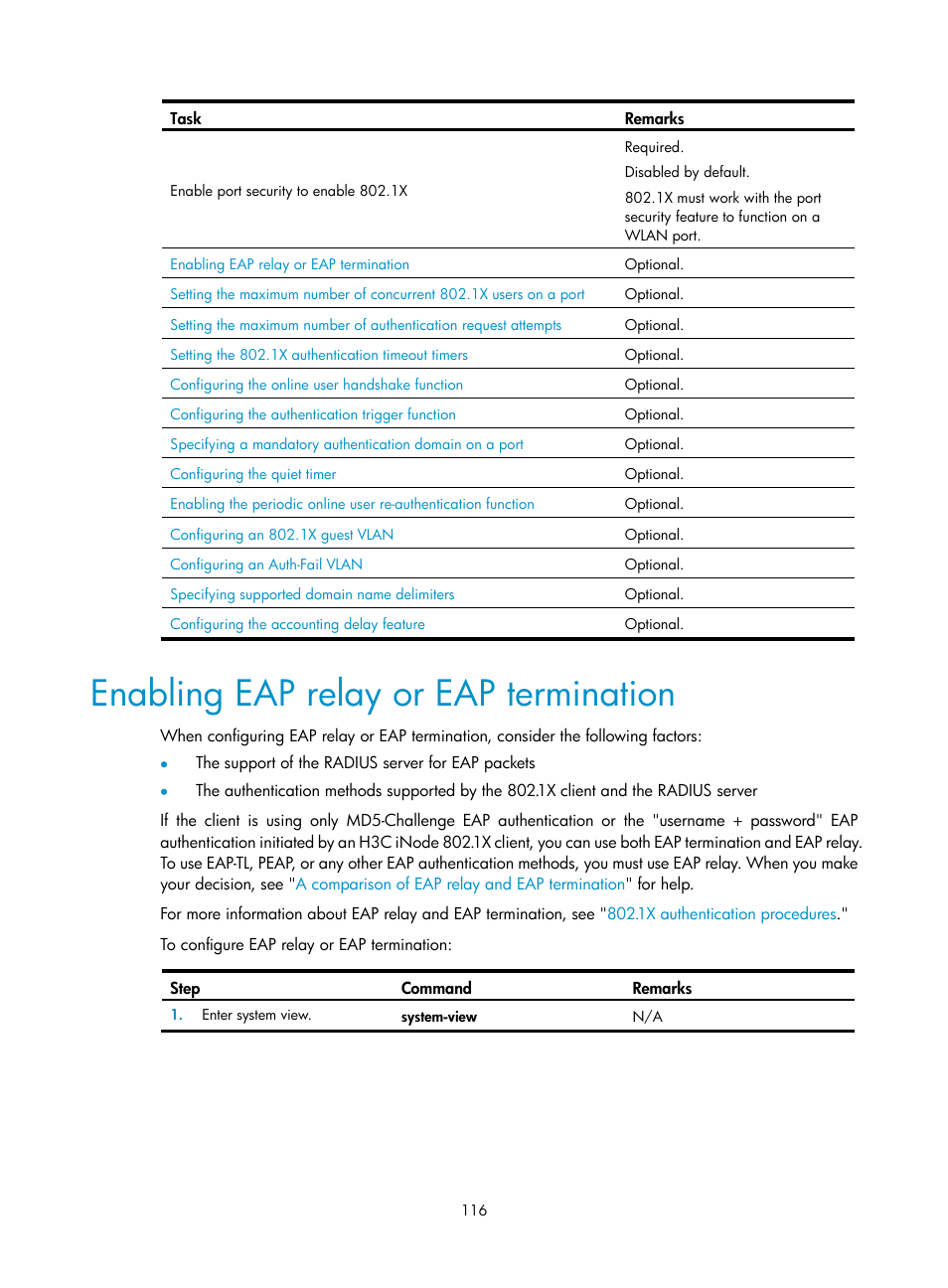 Enabling eap relay or eap termination | H3C Technologies H3C WX3000E Series Wireless Switches User Manual | Page 130 / 394