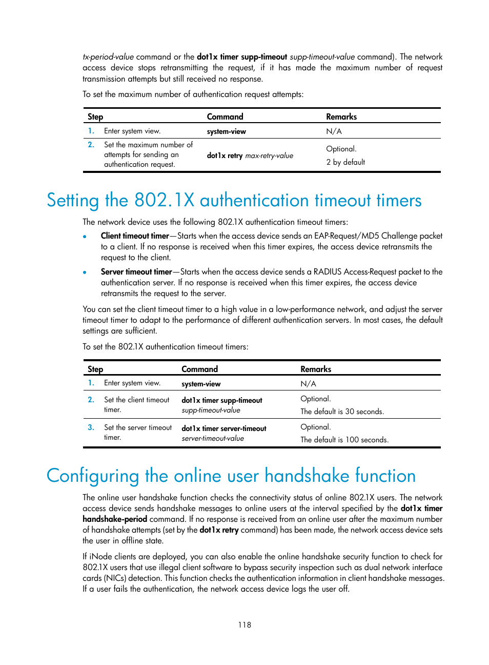 Setting the 802.1x authentication timeout timers, Configuring the online user handshake function | H3C Technologies H3C WX3000E Series Wireless Switches User Manual | Page 132 / 394