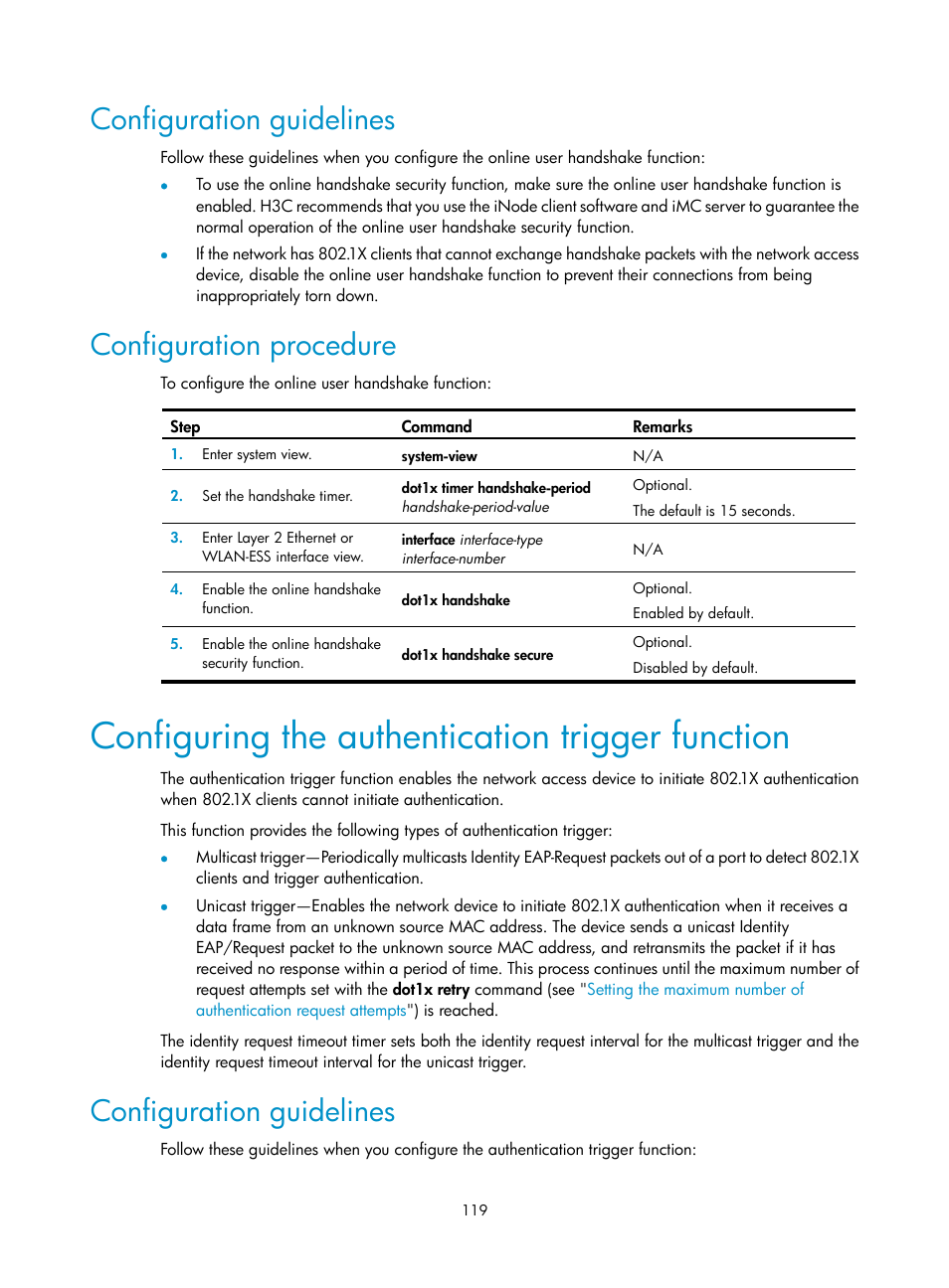 Configuration guidelines, Configuration procedure, Configuring the authentication trigger function | H3C Technologies H3C WX3000E Series Wireless Switches User Manual | Page 133 / 394