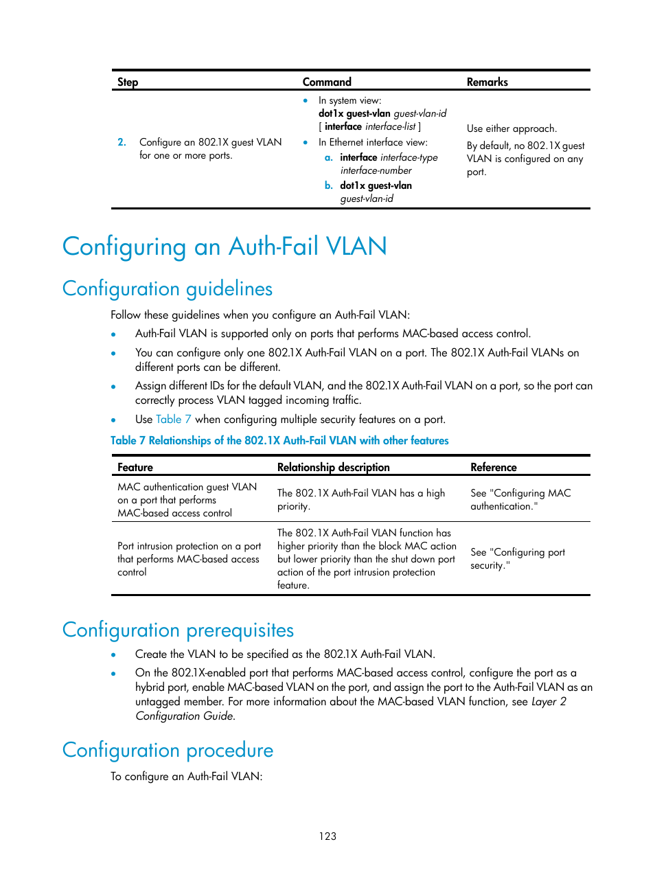 Configuring an auth-fail vlan, Configuration guidelines, Configuration prerequisites | Configuration procedure | H3C Technologies H3C WX3000E Series Wireless Switches User Manual | Page 137 / 394