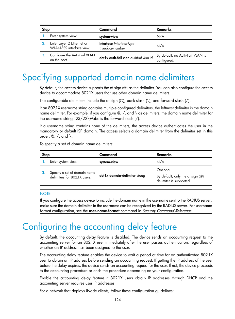 Specifying supported domain name delimiters, Configuring the accounting delay feature | H3C Technologies H3C WX3000E Series Wireless Switches User Manual | Page 138 / 394