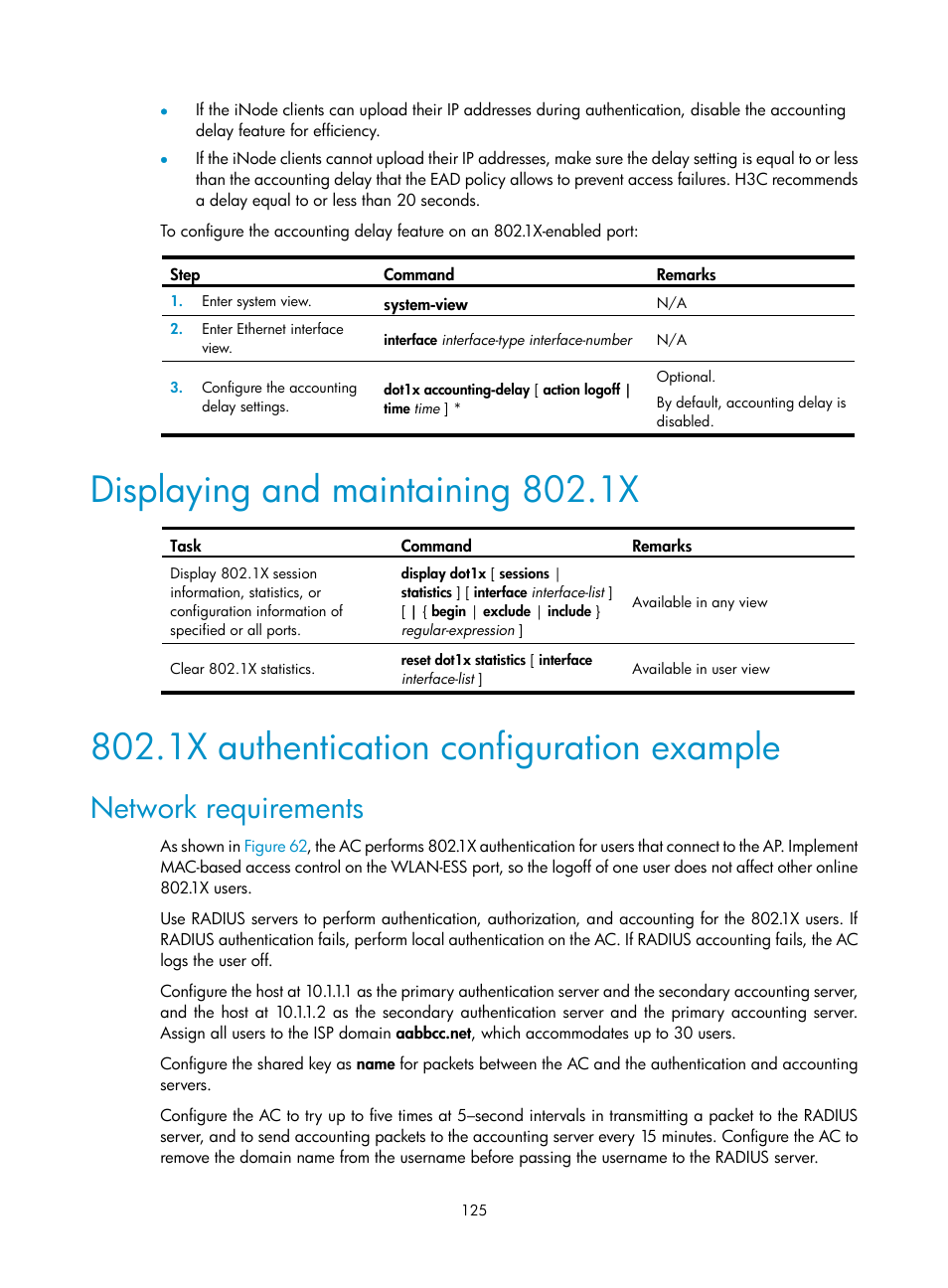Displaying and maintaining 802.1x, 1x authentication configuration example, Network requirements | H3C Technologies H3C WX3000E Series Wireless Switches User Manual | Page 139 / 394