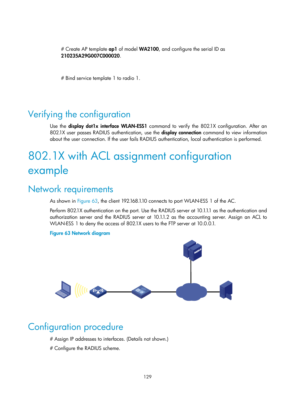 Verifying the configuration, 1x with acl assignment configuration example, Network requirements | Configuration procedure | H3C Technologies H3C WX3000E Series Wireless Switches User Manual | Page 143 / 394