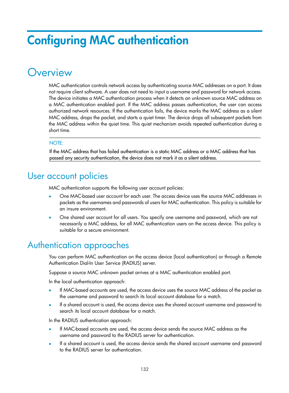 Configuring mac authentication, Overview, User account policies | Authentication approaches | H3C Technologies H3C WX3000E Series Wireless Switches User Manual | Page 146 / 394