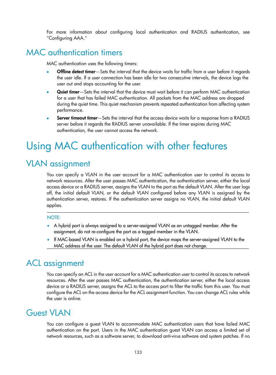 Mac authentication timers, Using mac authentication with other features, Vlan assignment | Acl assignment, Guest vlan | H3C Technologies H3C WX3000E Series Wireless Switches User Manual | Page 147 / 394