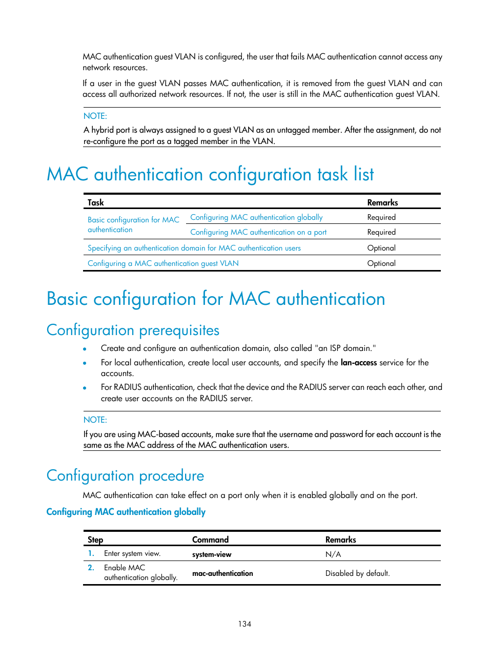 Mac authentication configuration task list, Basic configuration for mac authentication, Configuration prerequisites | Configuration procedure, Configuring mac authentication globally | H3C Technologies H3C WX3000E Series Wireless Switches User Manual | Page 148 / 394
