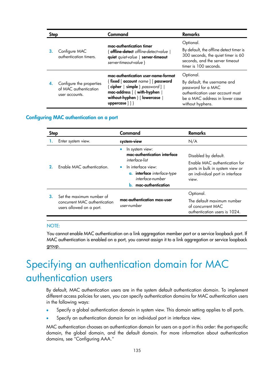 Configuring mac authentication on a port | H3C Technologies H3C WX3000E Series Wireless Switches User Manual | Page 149 / 394