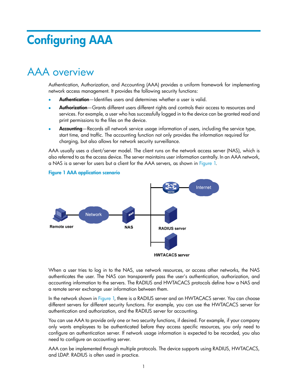 Configuring aaa, Aaa overview | H3C Technologies H3C WX3000E Series Wireless Switches User Manual | Page 15 / 394