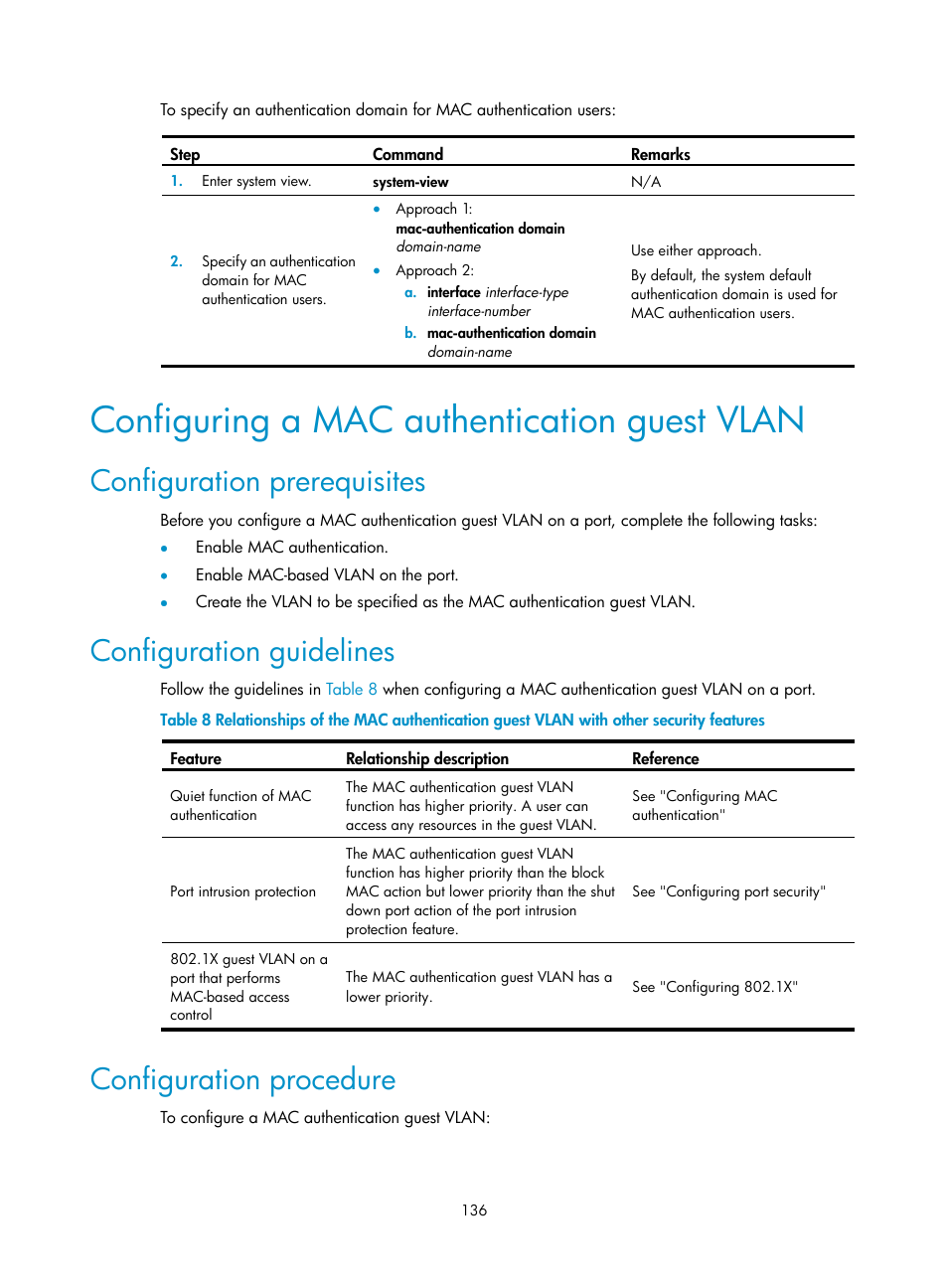 Configuring a mac authentication guest vlan, Configuration prerequisites, Configuration guidelines | Configuration procedure | H3C Technologies H3C WX3000E Series Wireless Switches User Manual | Page 150 / 394