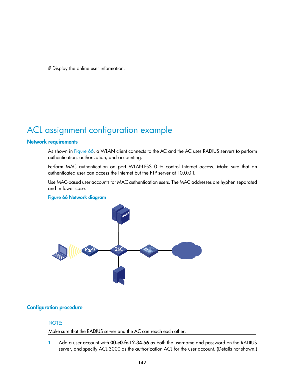 Acl assignment configuration example, Network requirements, Configuration procedure | H3C Technologies H3C WX3000E Series Wireless Switches User Manual | Page 156 / 394