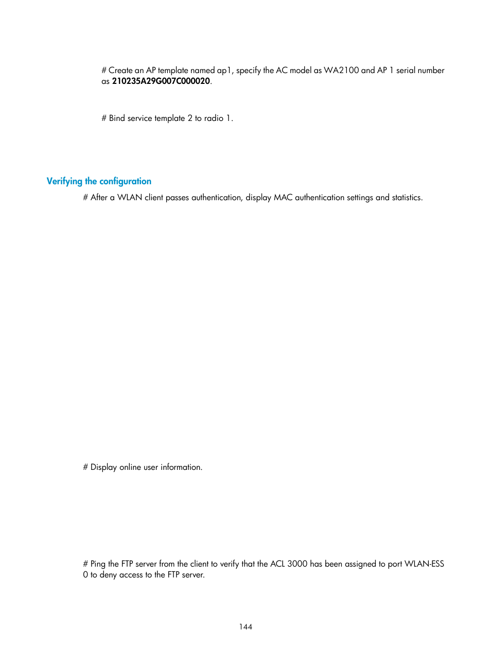 Verifying the configuration | H3C Technologies H3C WX3000E Series Wireless Switches User Manual | Page 158 / 394