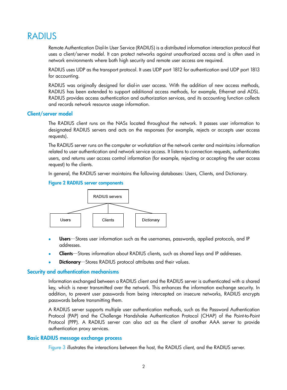 Radius, Client/server model, Security and authentication mechanisms | Basic radius message exchange process | H3C Technologies H3C WX3000E Series Wireless Switches User Manual | Page 16 / 394