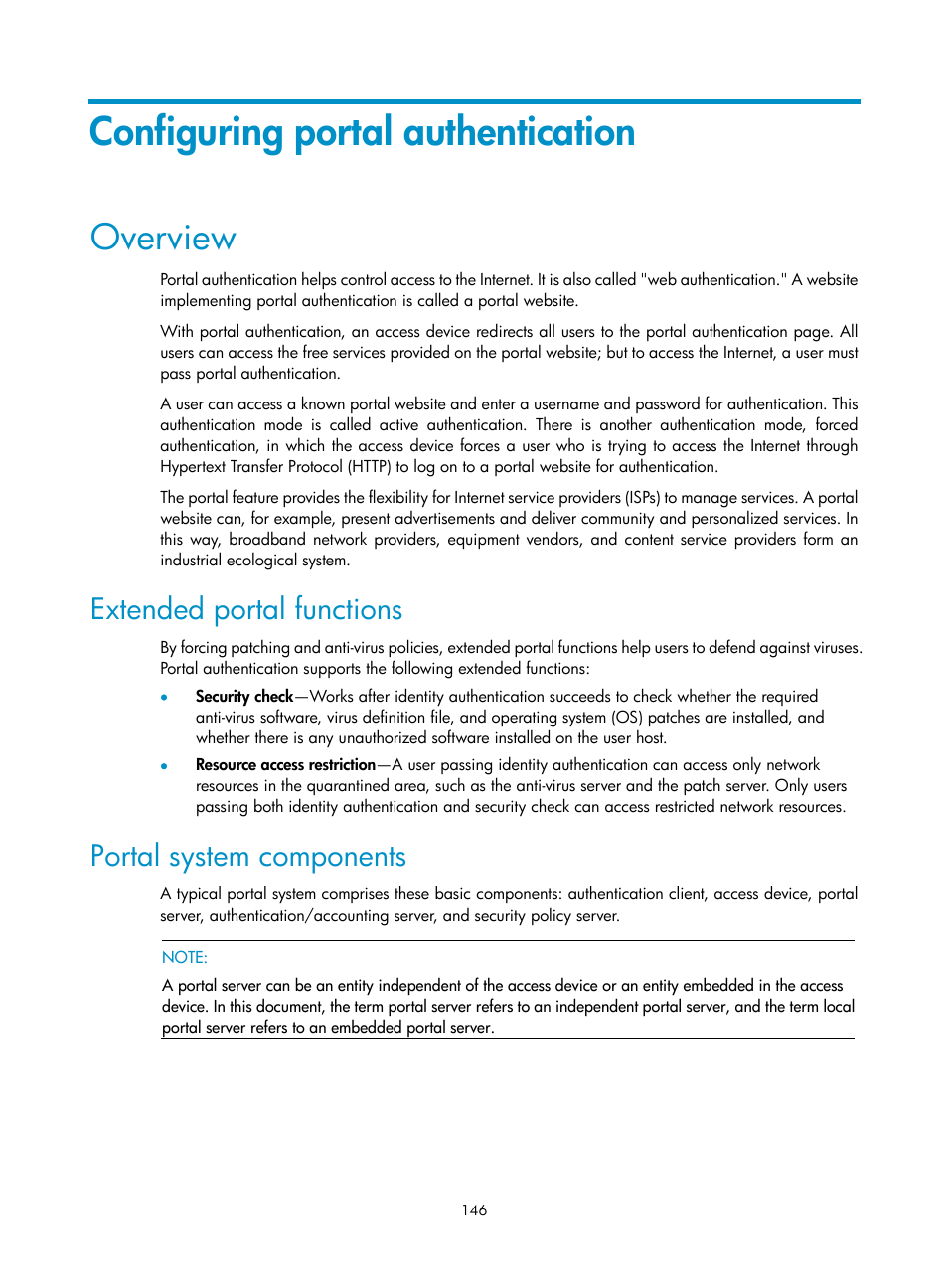 Configuring portal authentication, Overview, Extended portal functions | Portal system components | H3C Technologies H3C WX3000E Series Wireless Switches User Manual | Page 160 / 394