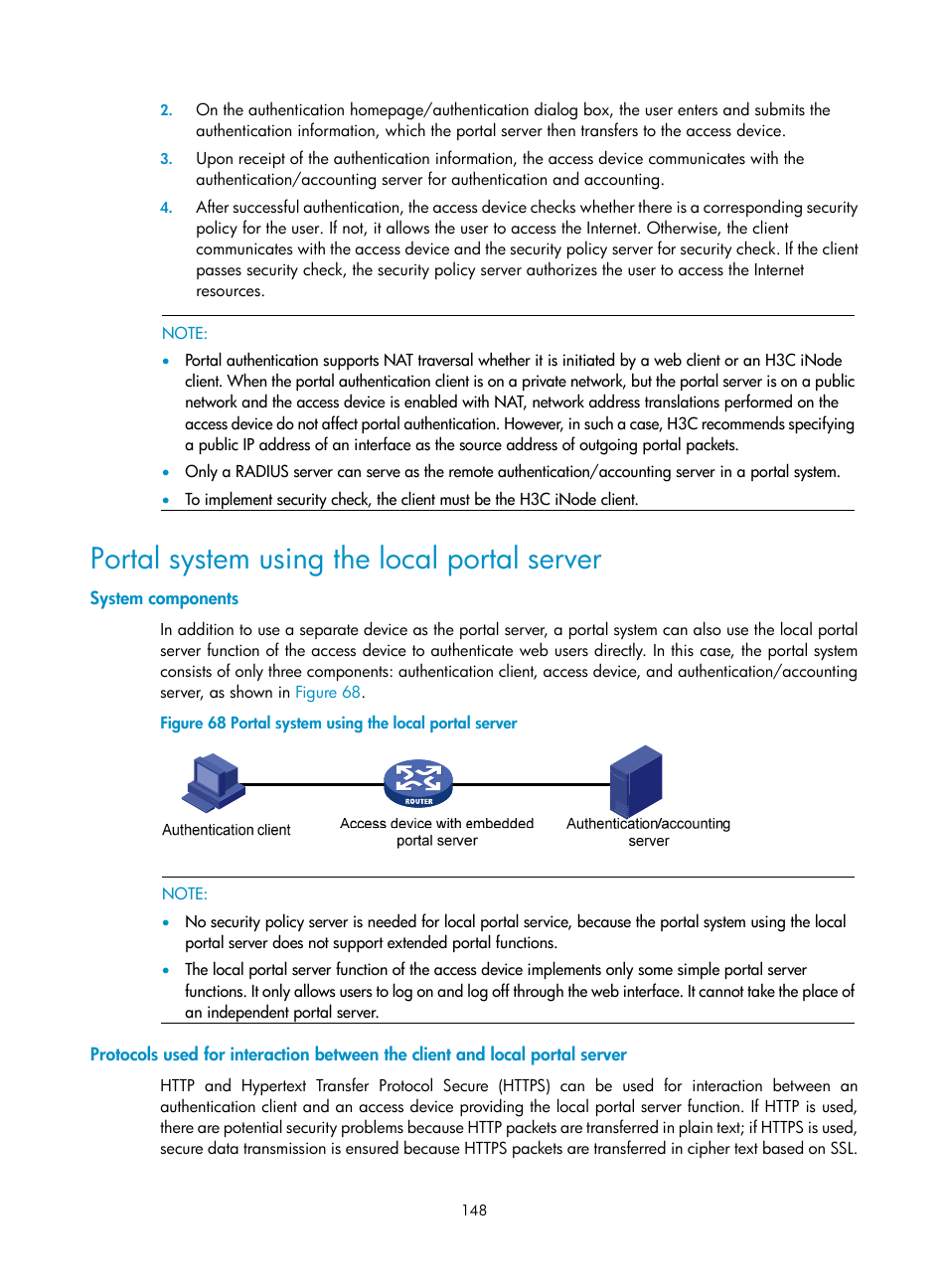 Portal system using the local portal server, System components | H3C Technologies H3C WX3000E Series Wireless Switches User Manual | Page 162 / 394