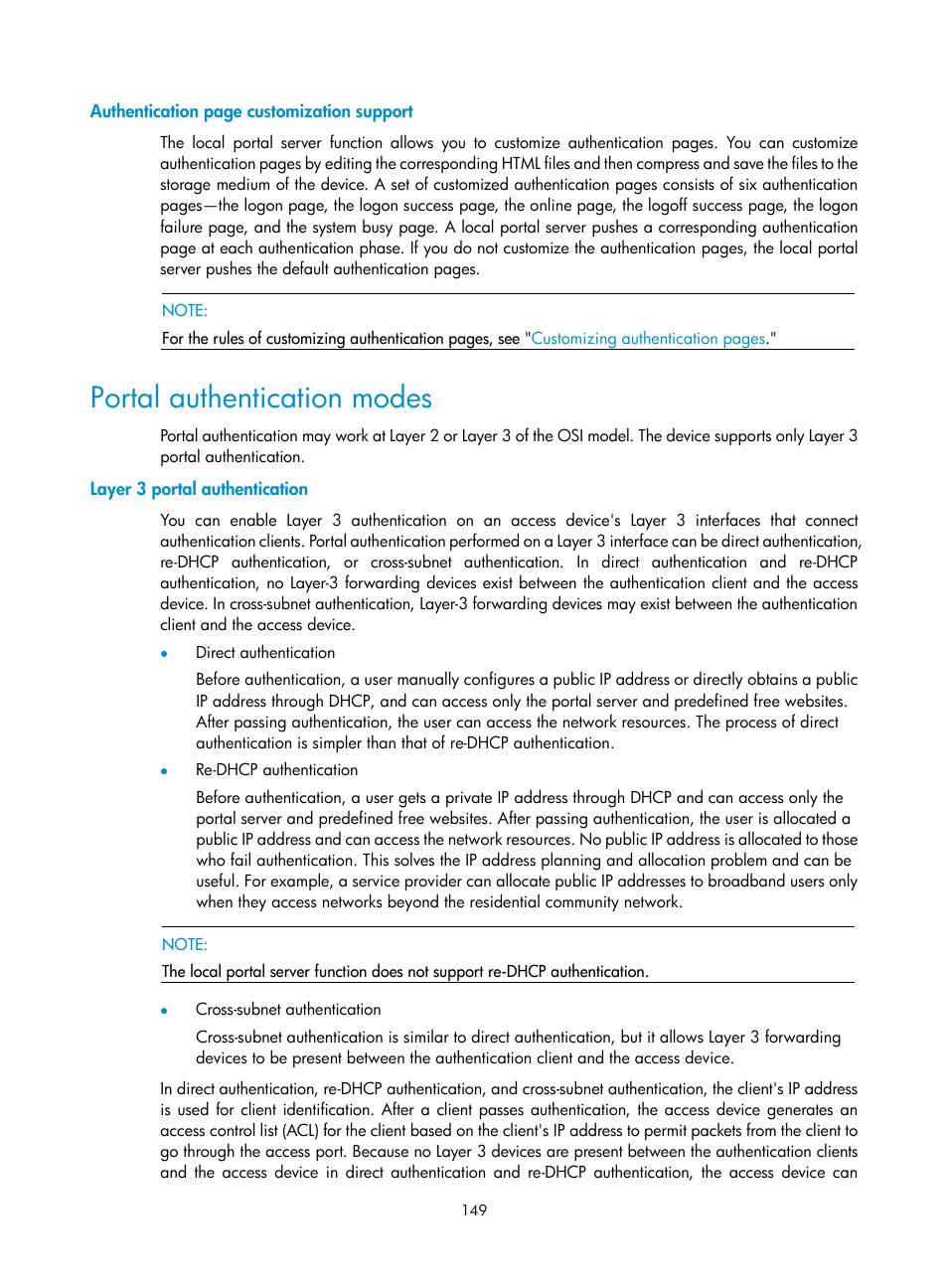 Portal authentication modes, Layer 3 portal authentication | H3C Technologies H3C WX3000E Series Wireless Switches User Manual | Page 163 / 394