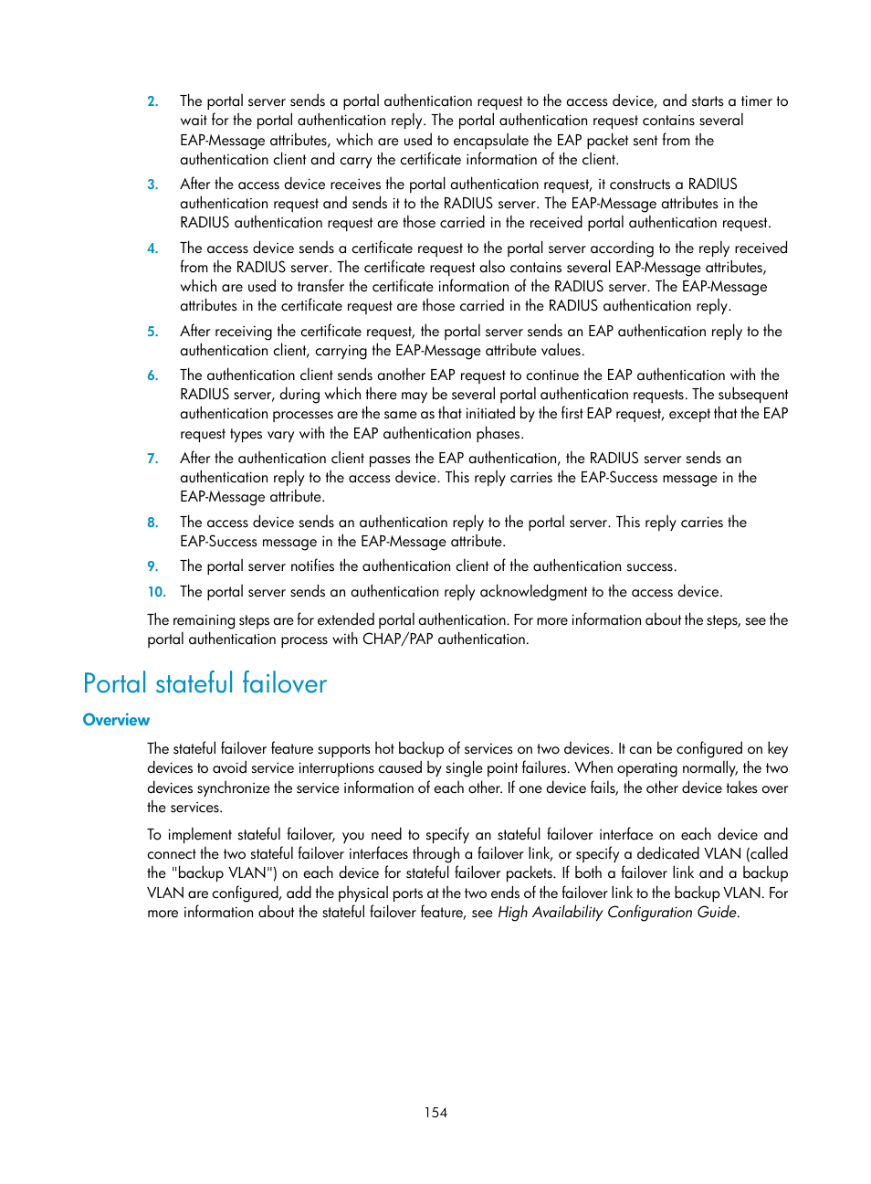 Portal stateful failover, Overview | H3C Technologies H3C WX3000E Series Wireless Switches User Manual | Page 168 / 394