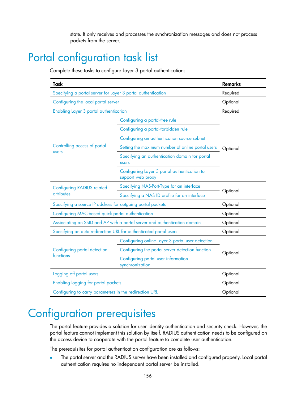 Portal configuration task list, Configuration prerequisites | H3C Technologies H3C WX3000E Series Wireless Switches User Manual | Page 170 / 394
