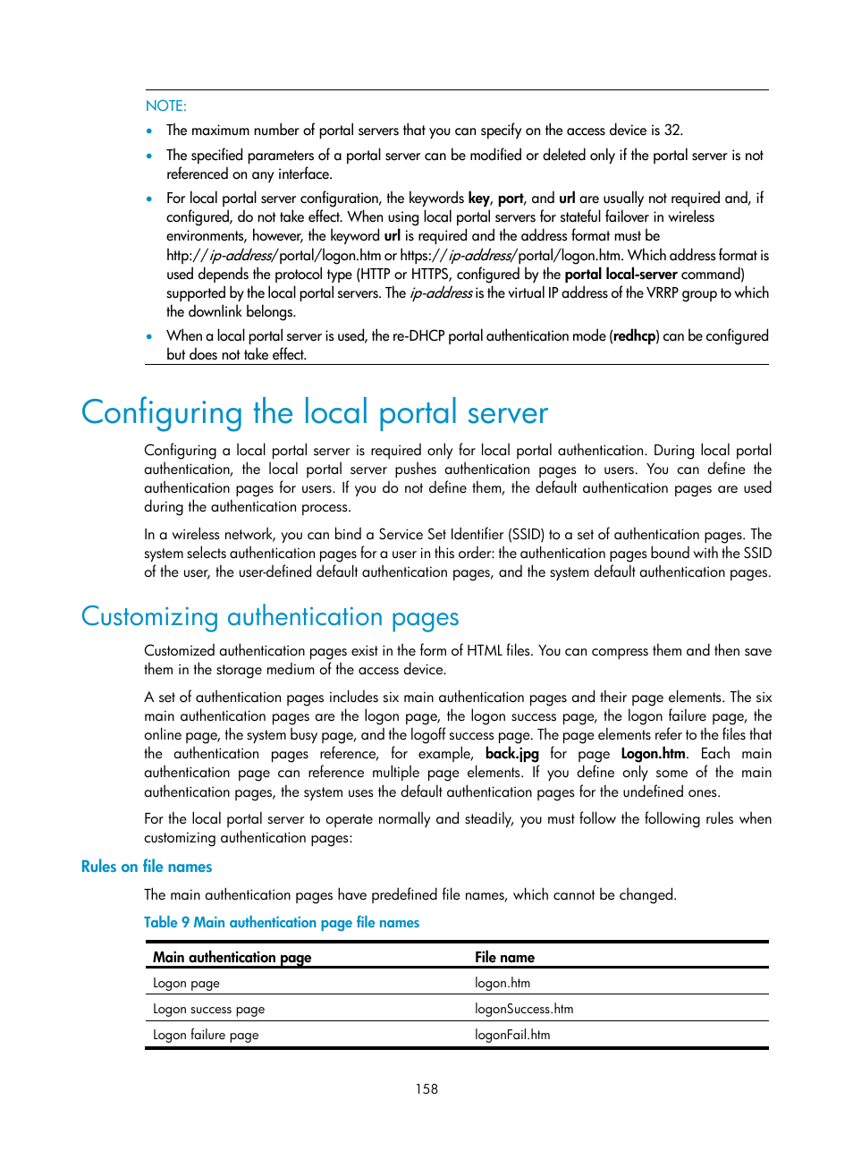 Configuring the local portal server, Rules on file names, Customizing authentication pages | H3C Technologies H3C WX3000E Series Wireless Switches User Manual | Page 172 / 394
