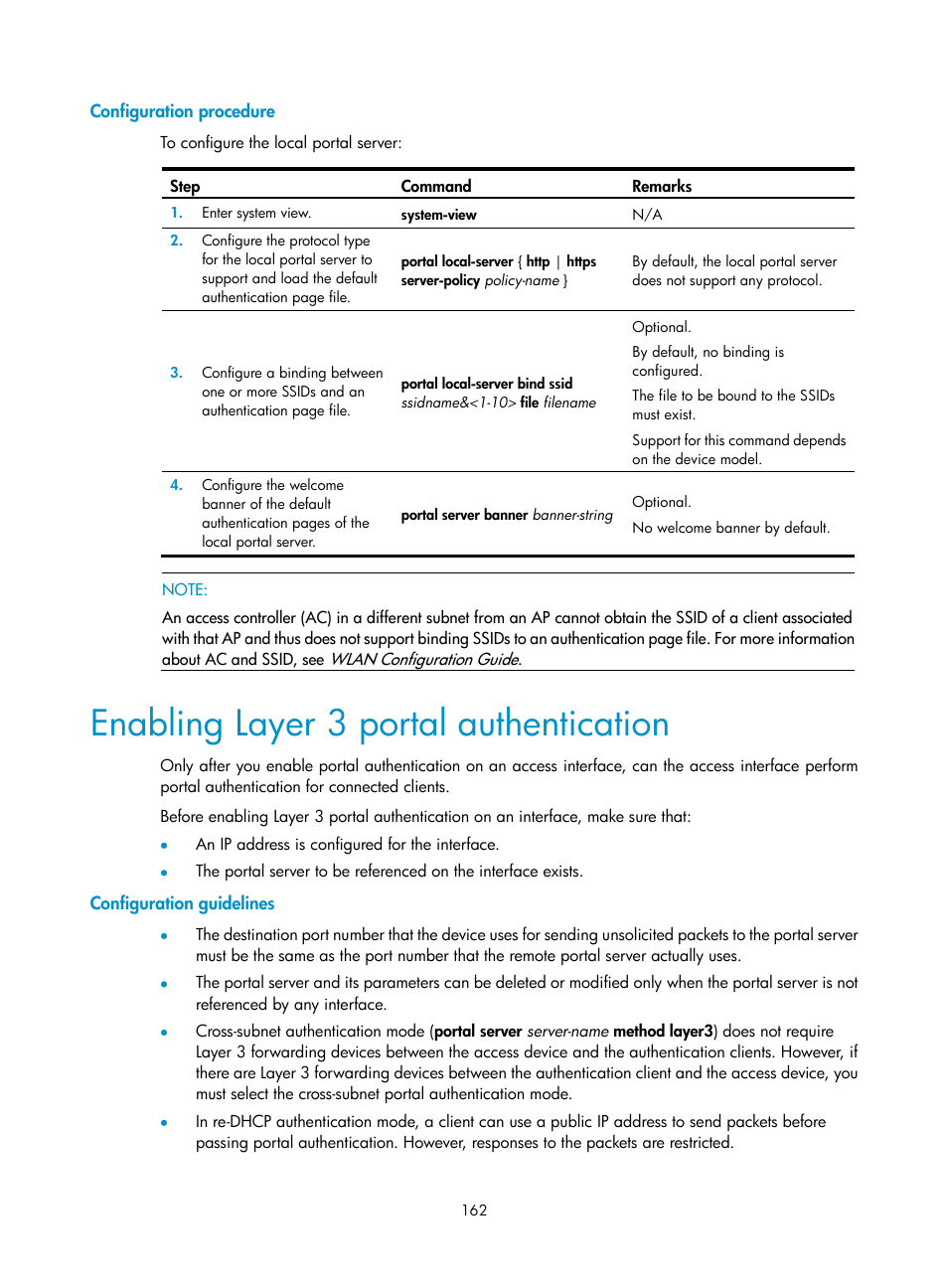 Configuration procedure, Enabling layer 3 portal authentication, Configuration guidelines | H3C Technologies H3C WX3000E Series Wireless Switches User Manual | Page 176 / 394