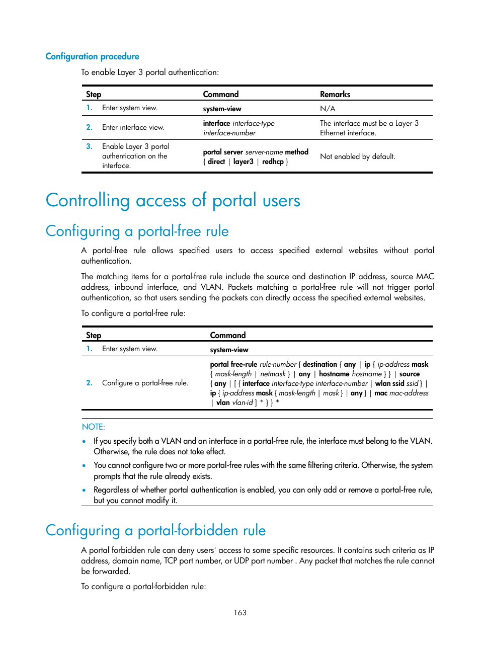 Configuration procedure, Controlling access of portal users, Configuring a portal-free rule | Configuring a portal-forbidden rule | H3C Technologies H3C WX3000E Series Wireless Switches User Manual | Page 177 / 394