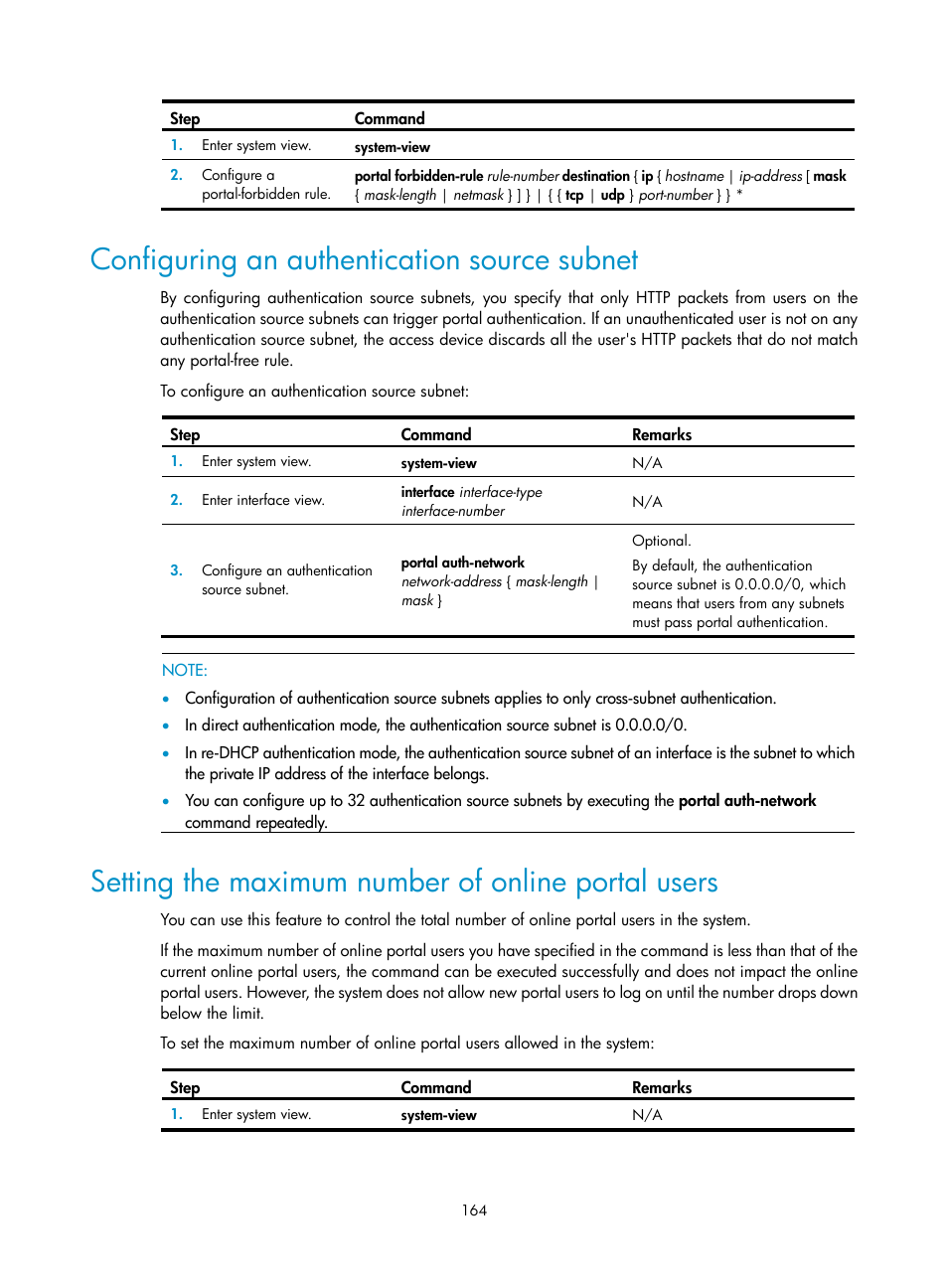 Configuring an authentication source subnet, Setting the maximum number of online portal users | H3C Technologies H3C WX3000E Series Wireless Switches User Manual | Page 178 / 394