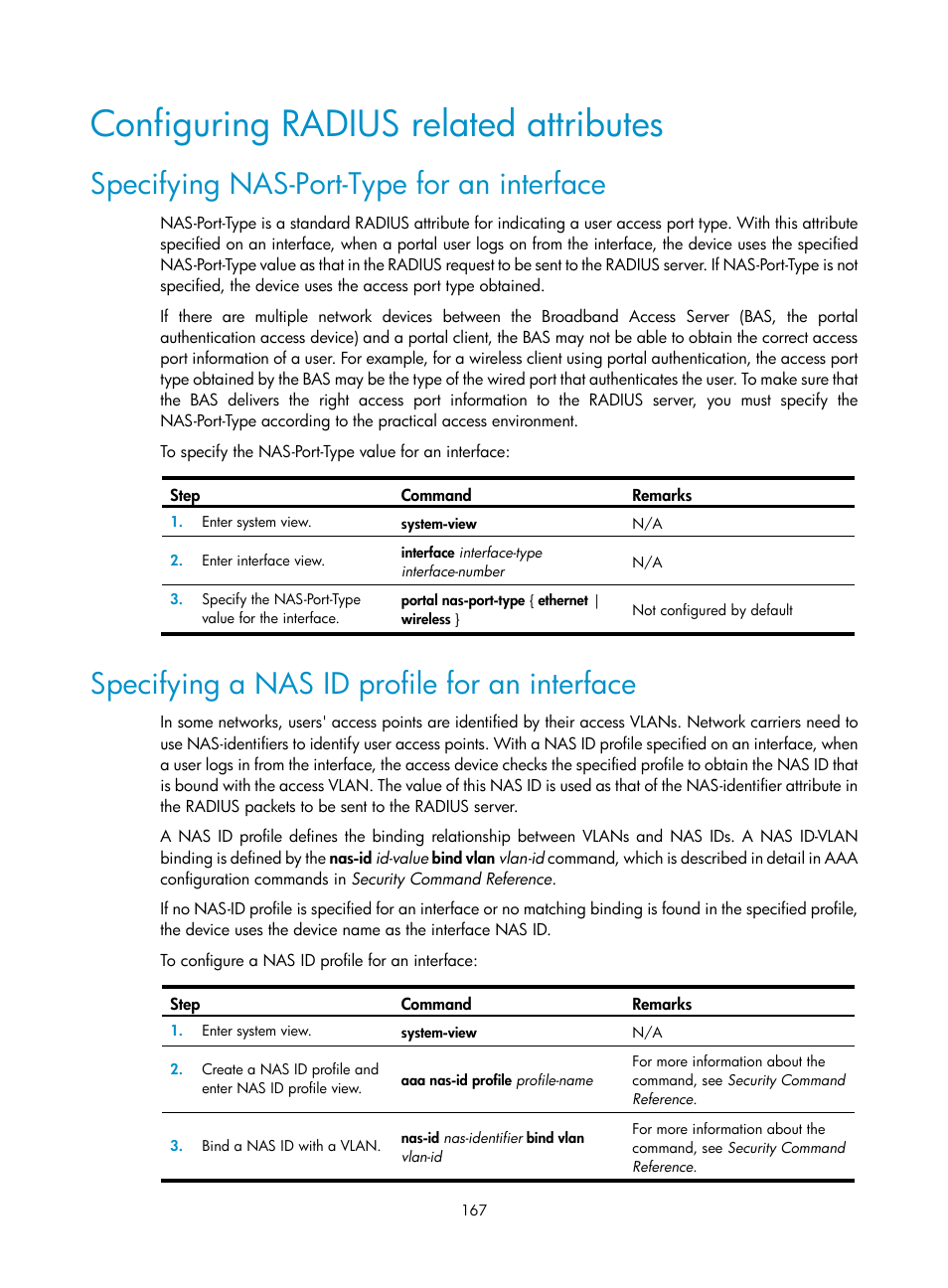 Configuring radius related attributes, Specifying nas-port-type for an interface, Specifying a nas id profile for an interface | H3C Technologies H3C WX3000E Series Wireless Switches User Manual | Page 181 / 394