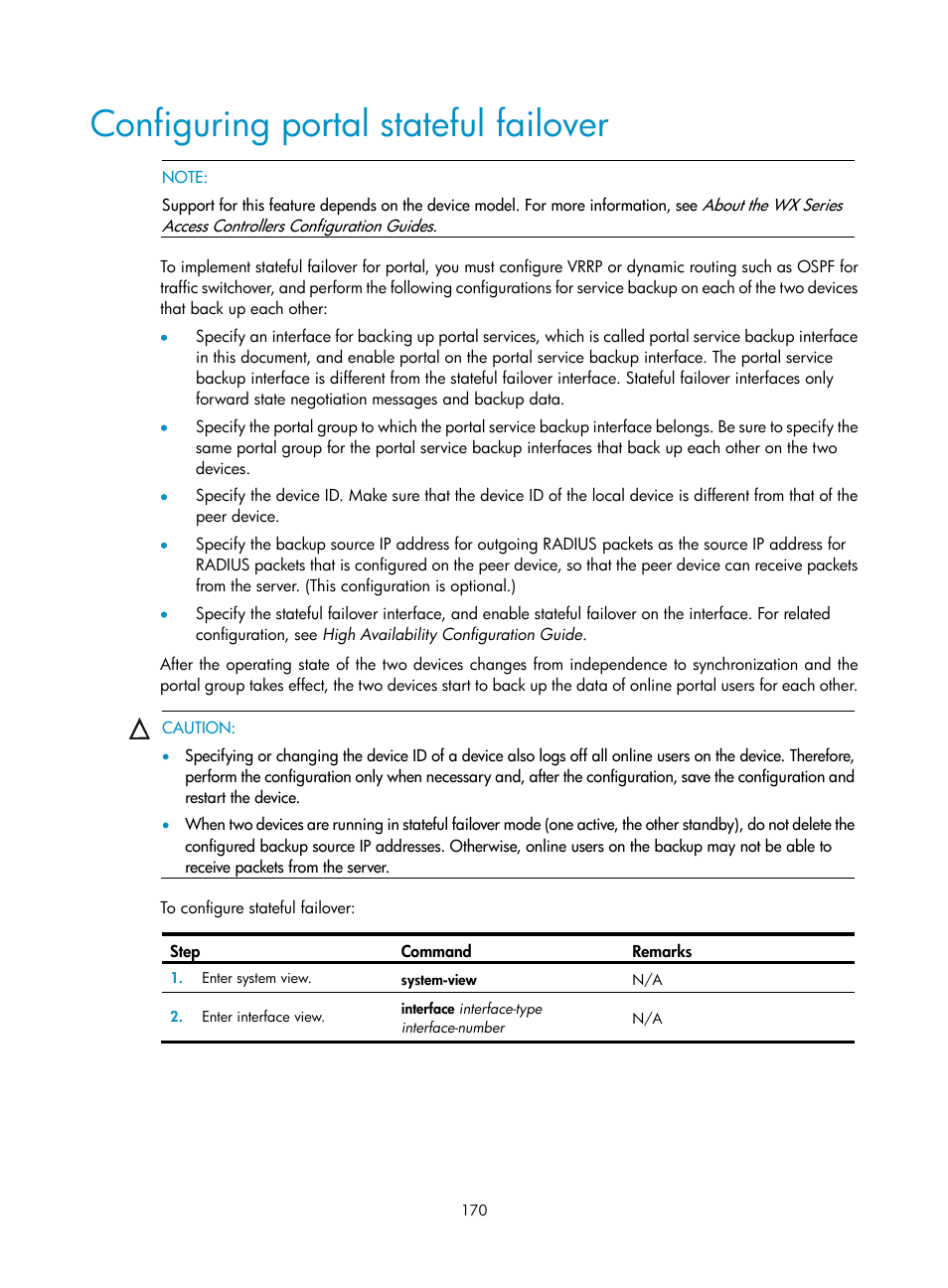 Configuring portal stateful failover | H3C Technologies H3C WX3000E Series Wireless Switches User Manual | Page 184 / 394