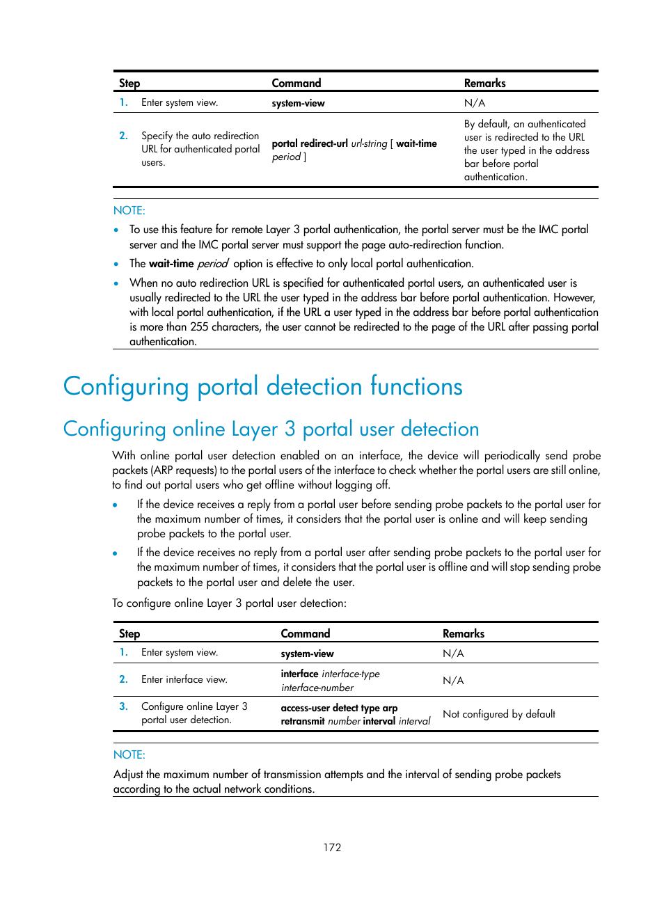Configuring portal detection functions, Configuring online layer 3 portal user detection | H3C Technologies H3C WX3000E Series Wireless Switches User Manual | Page 186 / 394