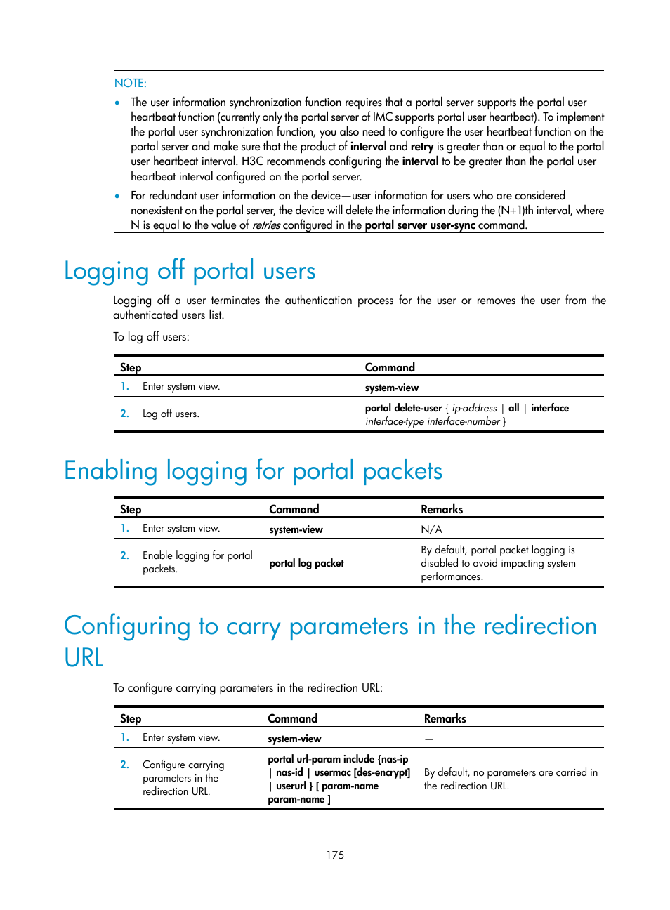 Logging off portal users, Enabling logging for portal packets | H3C Technologies H3C WX3000E Series Wireless Switches User Manual | Page 189 / 394