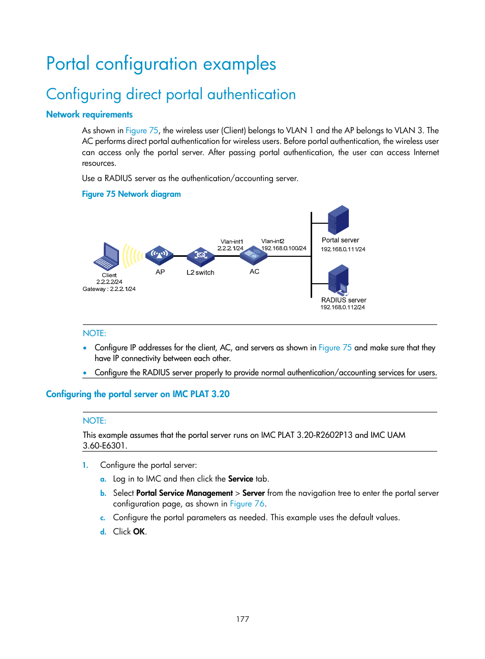 Portal configuration examples, Configuring direct portal authentication, Network requirements | Configuring the portal server on imc plat 3.20 | H3C Technologies H3C WX3000E Series Wireless Switches User Manual | Page 191 / 394