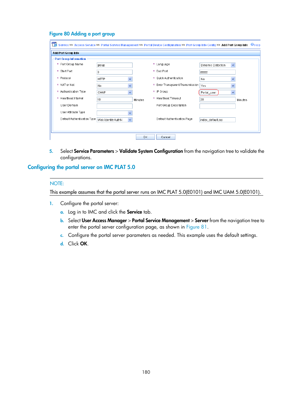 Configuring the portal server on imc plat 5.0, Figure 80 | H3C Technologies H3C WX3000E Series Wireless Switches User Manual | Page 194 / 394