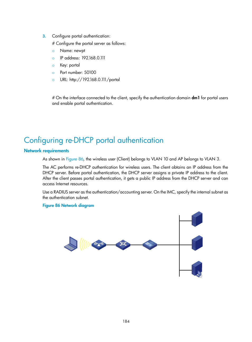Configuring re-dhcp portal authentication, Network requirements | H3C Technologies H3C WX3000E Series Wireless Switches User Manual | Page 198 / 394