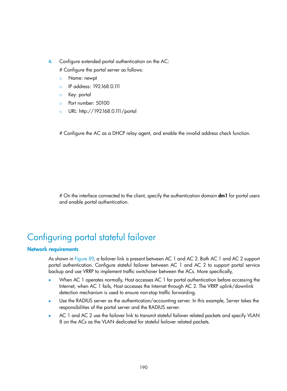 Configuring portal stateful failover, Network requirements | H3C Technologies H3C WX3000E Series Wireless Switches User Manual | Page 204 / 394