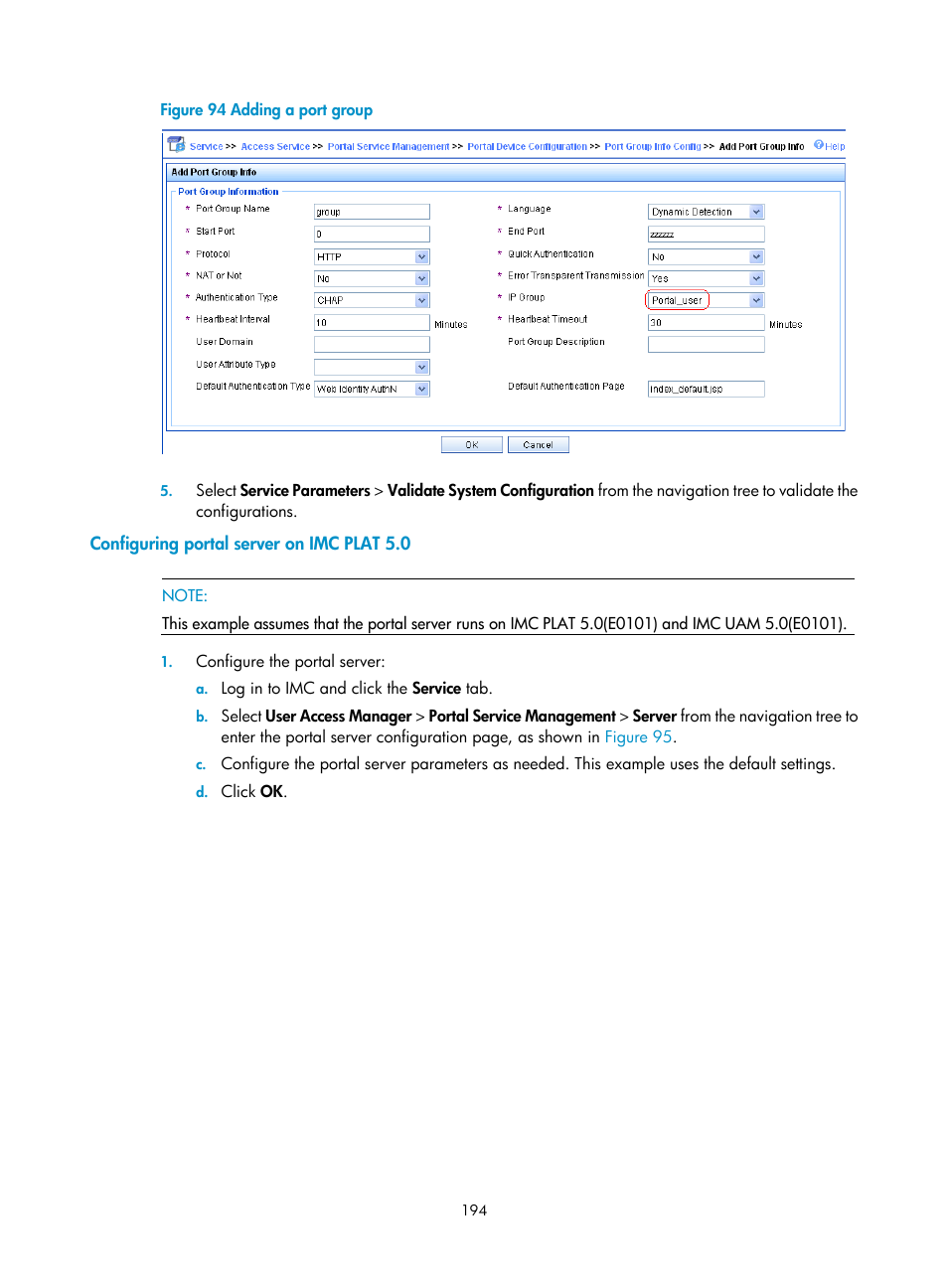 Configuring portal server on imc plat 5.0, Figure 94 | H3C Technologies H3C WX3000E Series Wireless Switches User Manual | Page 208 / 394