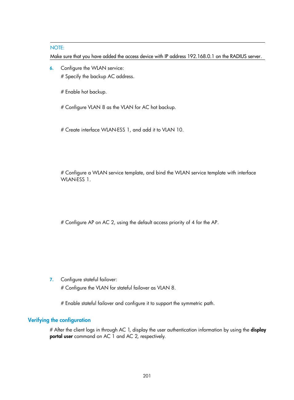 Verifying the configuration | H3C Technologies H3C WX3000E Series Wireless Switches User Manual | Page 215 / 394