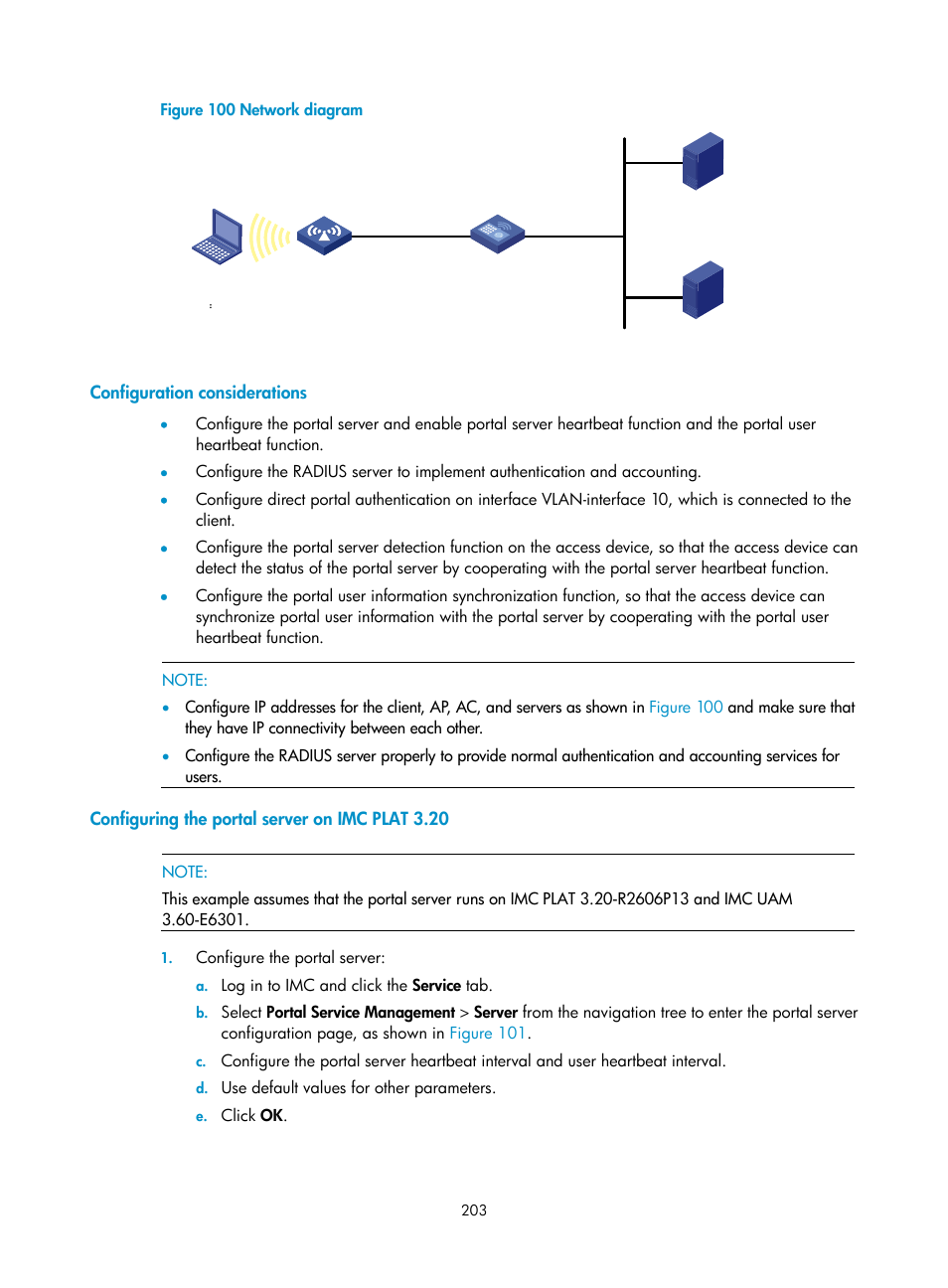 Configuration considerations, Configuring the portal server on imc plat 3.20 | H3C Technologies H3C WX3000E Series Wireless Switches User Manual | Page 217 / 394