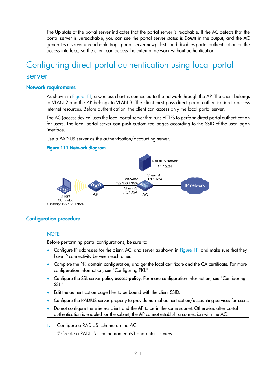 Network requirements, Configuration procedure | H3C Technologies H3C WX3000E Series Wireless Switches User Manual | Page 225 / 394
