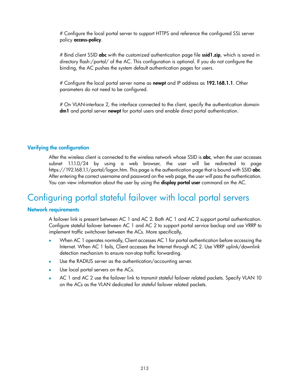 Verifying the configuration, Network requirements | H3C Technologies H3C WX3000E Series Wireless Switches User Manual | Page 227 / 394