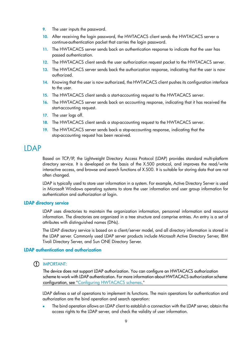 Ldap, Ldap directory service, Ldap authentication and authorization | H3C Technologies H3C WX3000E Series Wireless Switches User Manual | Page 23 / 394