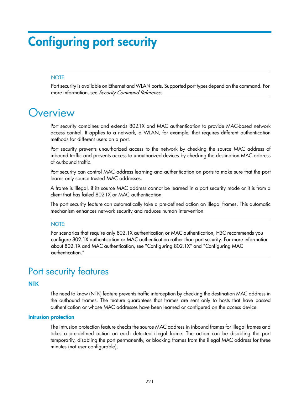 Configuring port security, Overview, Port security features | Intrusion protection | H3C Technologies H3C WX3000E Series Wireless Switches User Manual | Page 235 / 394
