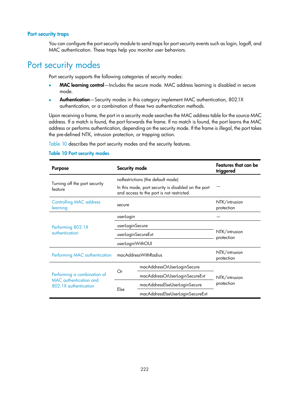 Port security traps, Port security modes | H3C Technologies H3C WX3000E Series Wireless Switches User Manual | Page 236 / 394