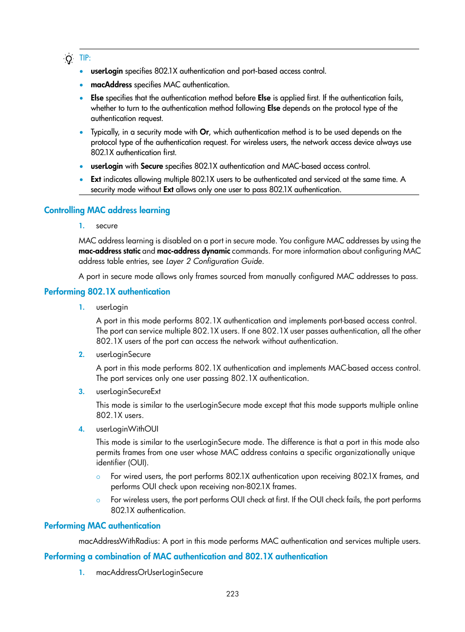 Controlling mac address learning, Performing 802.1x authentication, Performing mac authentication | Performing a combination of mac authentication and, 1x authentication | H3C Technologies H3C WX3000E Series Wireless Switches User Manual | Page 237 / 394