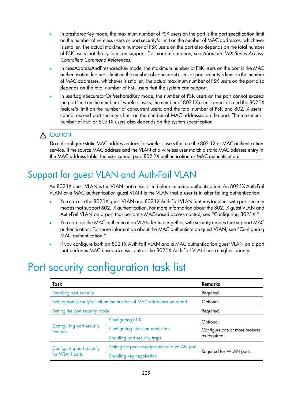 Support for guest vlan and auth-fail vlan, Port security configuration task list | H3C Technologies H3C WX3000E Series Wireless Switches User Manual | Page 239 / 394