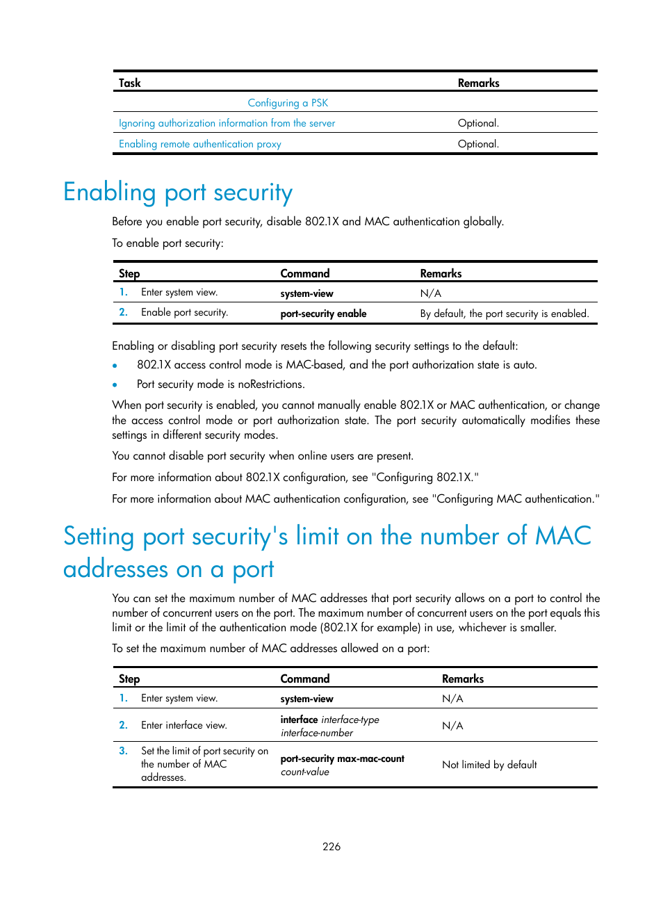 Enabling port security | H3C Technologies H3C WX3000E Series Wireless Switches User Manual | Page 240 / 394