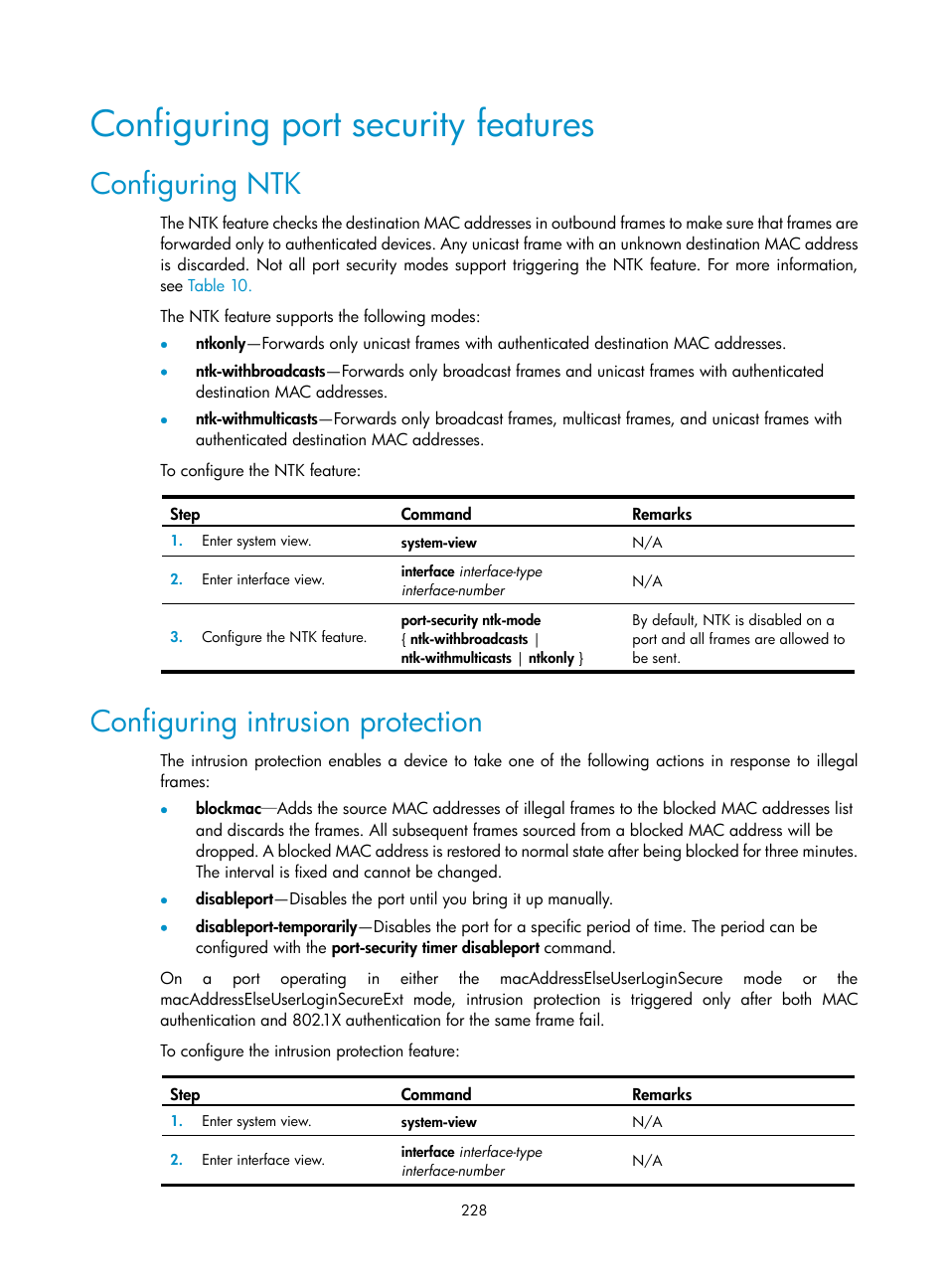 Configuring port security features, Configuring ntk, Configuring intrusion protection | H3C Technologies H3C WX3000E Series Wireless Switches User Manual | Page 242 / 394