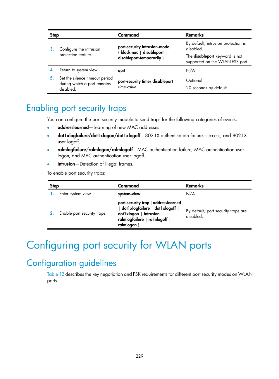Enabling port security traps, Configuring port security for wlan ports, Configuration guidelines | H3C Technologies H3C WX3000E Series Wireless Switches User Manual | Page 243 / 394