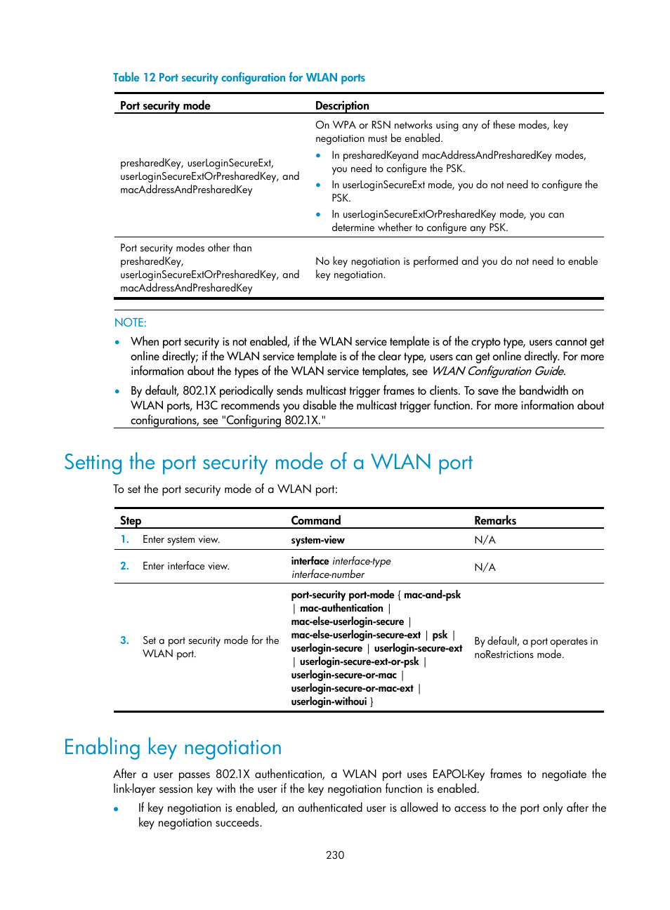 Setting the port security mode of a wlan port, Enabling key negotiation | H3C Technologies H3C WX3000E Series Wireless Switches User Manual | Page 244 / 394
