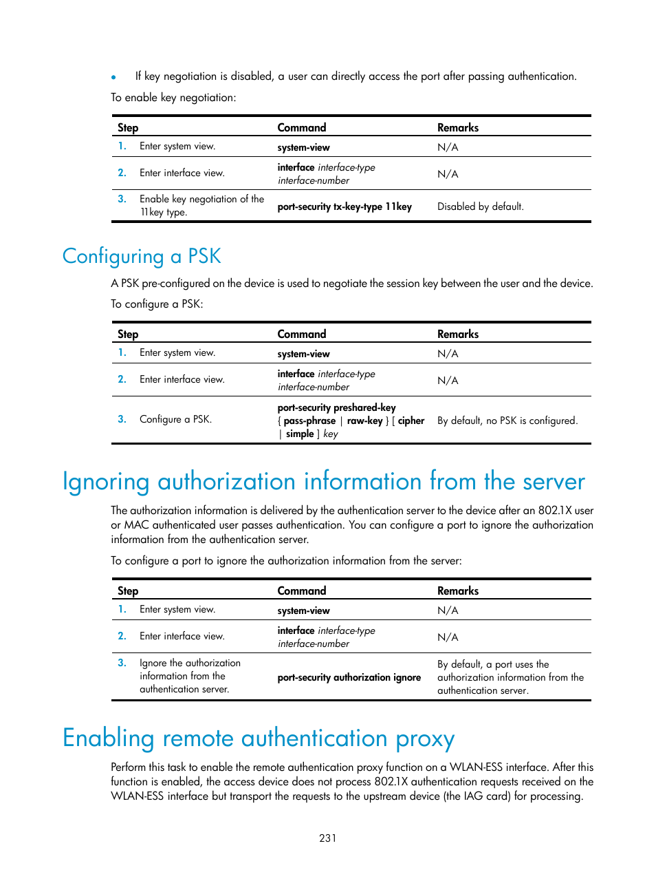 Configuring a psk, Ignoring authorization information from the server, Enabling remote authentication proxy | H3C Technologies H3C WX3000E Series Wireless Switches User Manual | Page 245 / 394