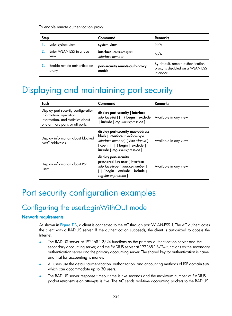 Displaying and maintaining port security, Port security configuration examples, Configuring the userloginwithoui mode | Network requirements | H3C Technologies H3C WX3000E Series Wireless Switches User Manual | Page 246 / 394
