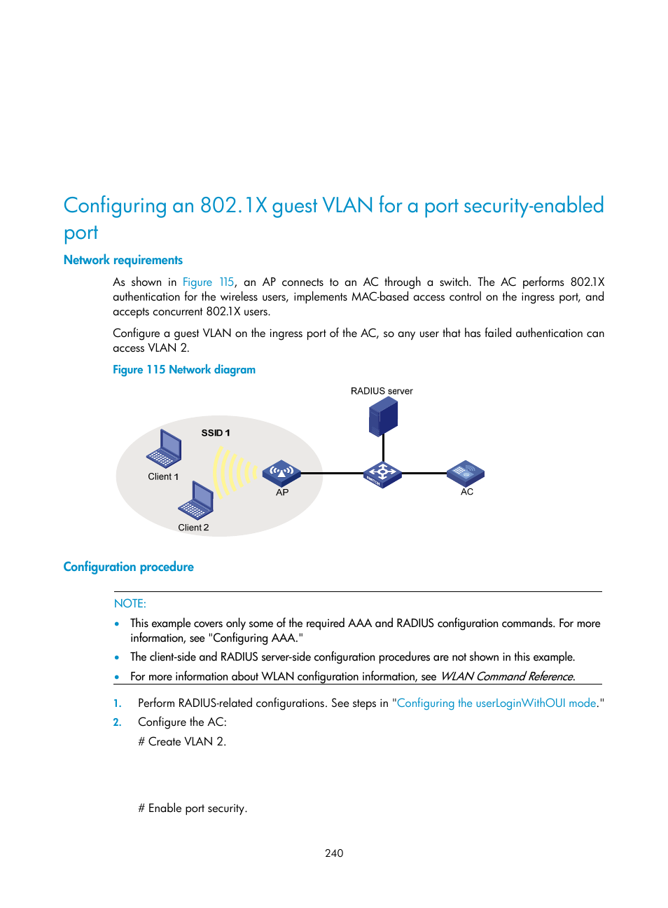 Network requirements, Configuration procedure | H3C Technologies H3C WX3000E Series Wireless Switches User Manual | Page 254 / 394